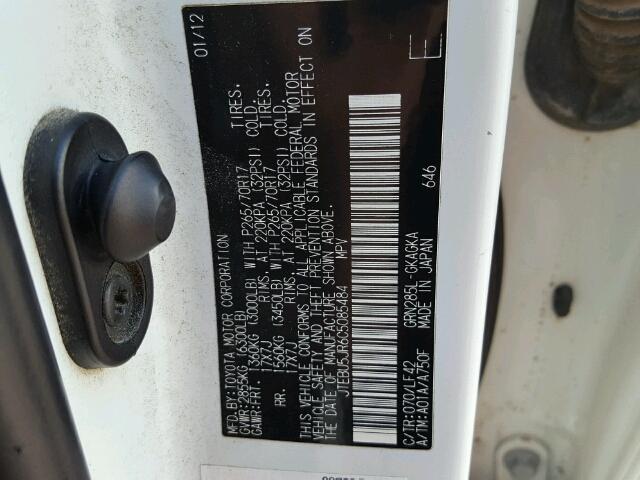 JTEBU5JR6C5085484 - 2012 TOYOTA 4RUNNER SR WHITE photo 10