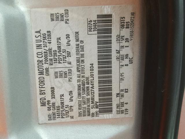 5LMRU27A4YLJ01034 - 2000 LINCOLN NAVIGATOR SILVER photo 10