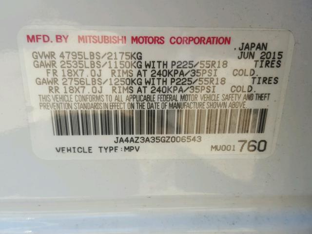 JA4AZ3A35GZ006543 - 2016 MITSUBISHI OUTLANDER WHITE photo 10