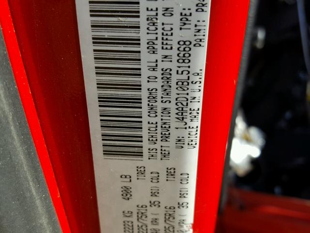 1J4AA2D10BL518668 - 2011 JEEP WRANGLER S RED photo 10