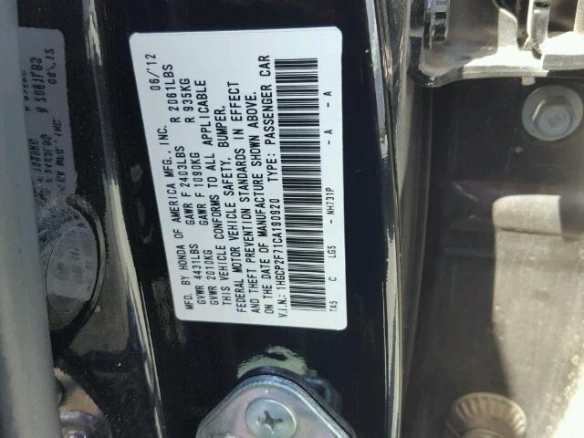 1HGCP2F71CA190920 - 2012 HONDA ACCORD EX BLACK photo 10