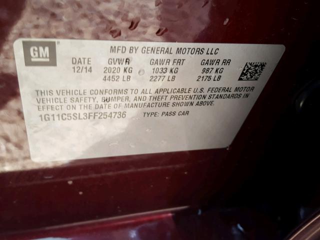 1G11C5SL3FF254736 - 2015 CHEVROLET MALIBU 1LT მუქწითელი ფოტო 10