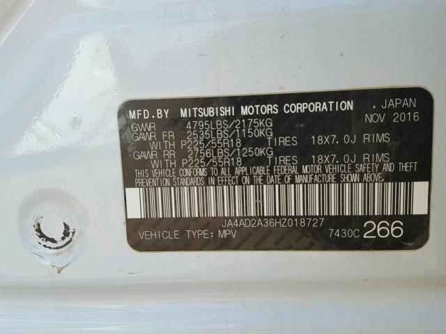 JA4AD2A36HZ018727 - 2017 MITSUBISHI OUTLANDER WHITE photo 10