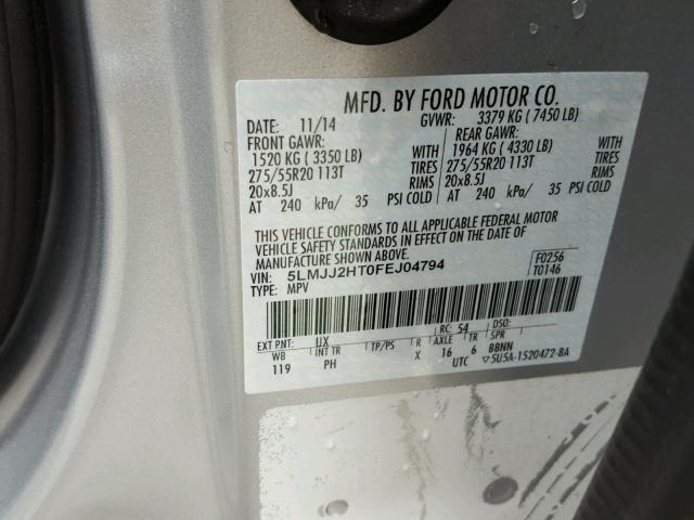 5LMJJ2HT0FEJ04794 - 2015 LINCOLN NAVIGATOR SILVER photo 10