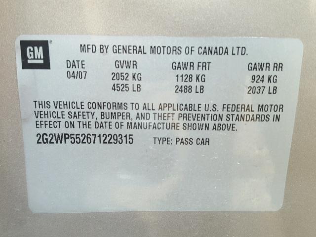 2G2WP552671229315 - 2007 PONTIAC GRAND PRIX BROWN photo 10