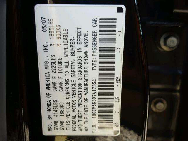 1HGCM56307A173541 - 2007 HONDA ACCORD SE BLACK photo 10