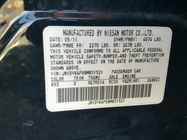 JN1DV6AP6BM831521 - 2011 INFINITI G25 BASE BLACK photo 10