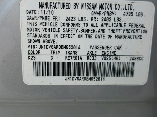 JN1DV6AR0BM652814 - 2011 INFINITI G25 SILVER photo 10