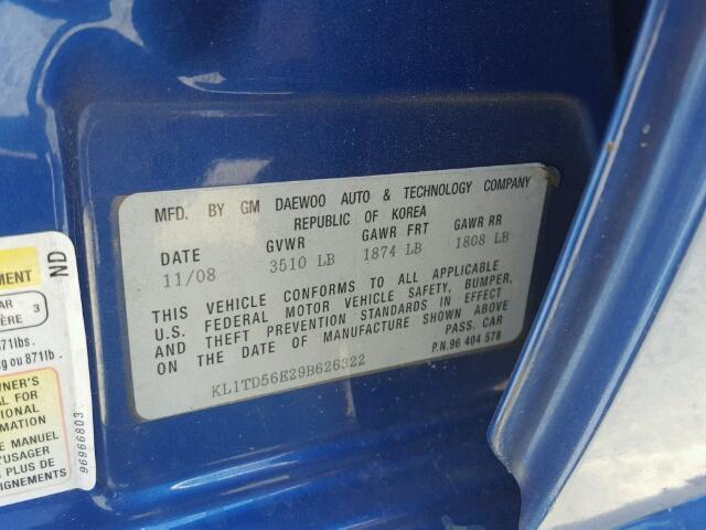 KL1TD56E29B626322 - 2009 CHEVROLET AVEO LS BLUE photo 10