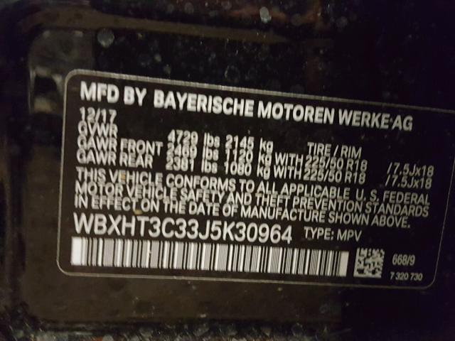 WBXHT3C33J5K30964 - 2018 BMW X1 XDRIVE2 BLACK photo 10