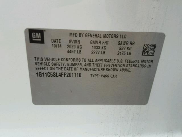 1G11C5SL4FF201110 - 2015 CHEVROLET MALIBU 1LT თეთრი ფოტო 10