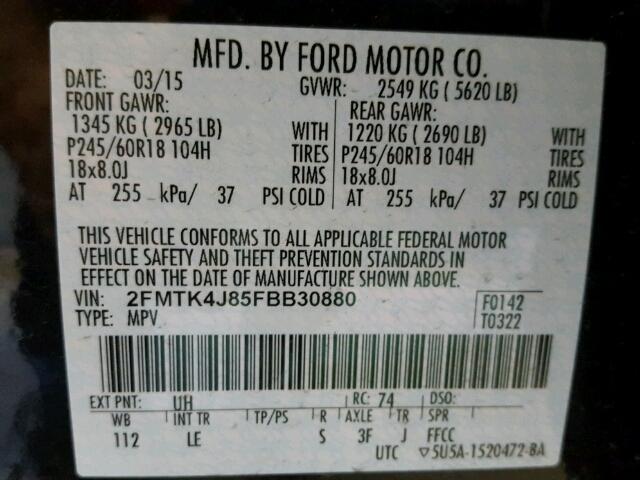 2FMTK4J85FBB30880 - 2015 FORD EDGE SEL BLACK photo 10