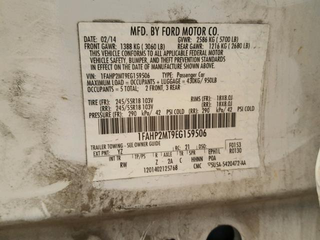 1FAHP2MT9EG159506 - 2014 FORD TAURUS POL WHITE photo 10