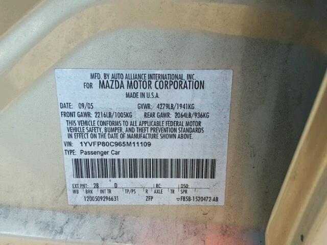 1YVFP80C965M11109 - 2006 MAZDA 6 I Beige photo 10