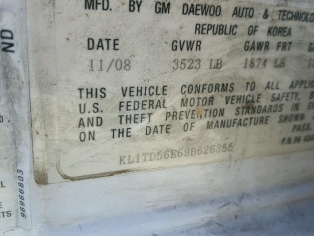 KL1TD56E69B626355 - 2009 CHEVROLET AVEO LS WHITE photo 10