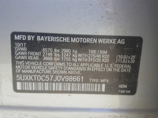 5UXKT0C57J0V98661 - 2018 BMW X5 XDR40E ვერცხლისფერი ფოტო 10