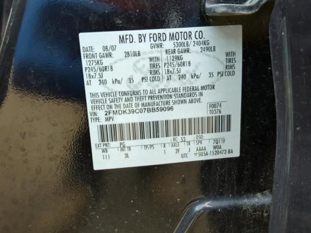 2FMDK39C07BB59096 - 2007 FORD EDGE SEL P BLACK photo 10