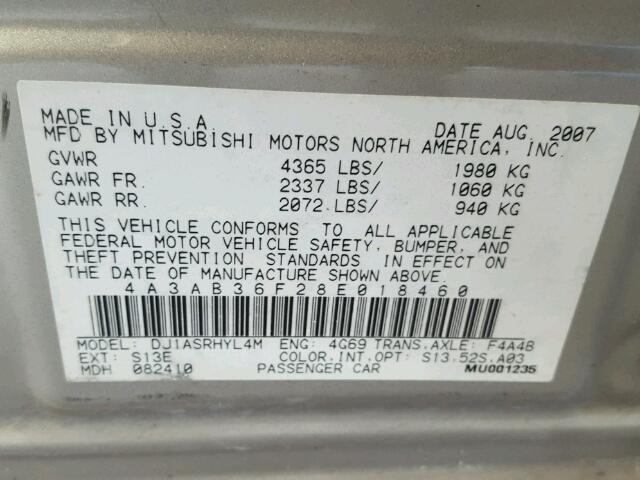 4A3AB36F28E018460 - 2008 MITSUBISHI GALANT ES SILVER photo 10