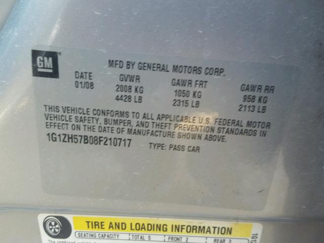 1G1ZH57B08F210717 - 2008 CHEVROLET MALIBU 1LT 银色 照片 10