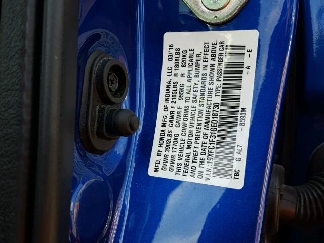19XFC1F31GE018730 - 2016 HONDA CIVIC EX 蓝色 照片 10