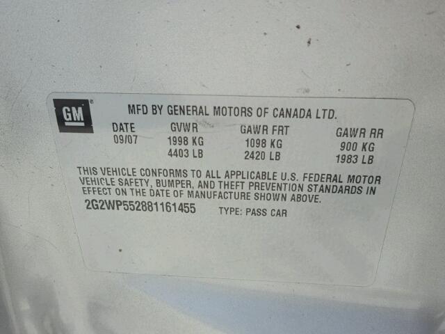 2G2WP552881161455 - 2008 PONTIAC GRAND PRIX SILVER photo 10