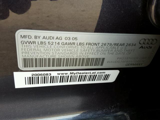 WAUDG74F85N104926 - 2005 AUDI A6 3.2 QUA GRAY photo 10