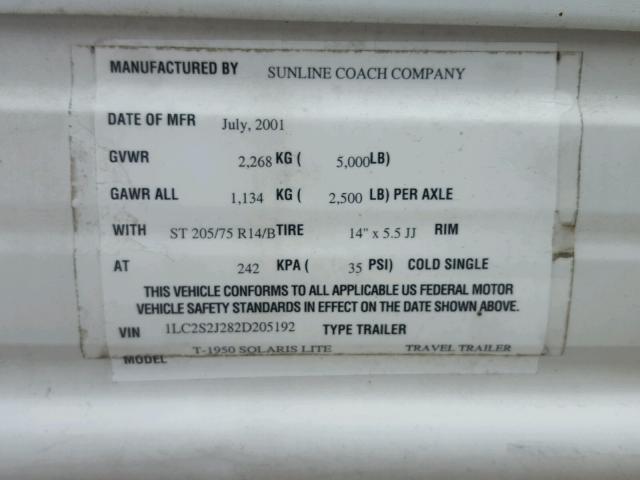 1LC2S2J282D205192 - 2002 SUNL CAMPER TRL BEIGE photo 10