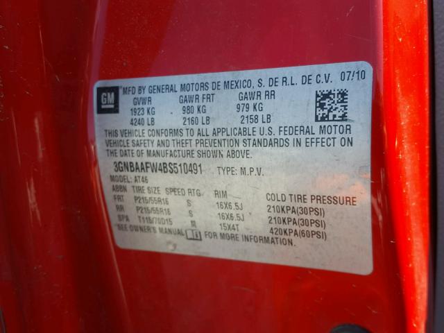 3GNBAAFW4BS510491 - 2011 CHEVROLET HHR LS Qırmızı foto 10