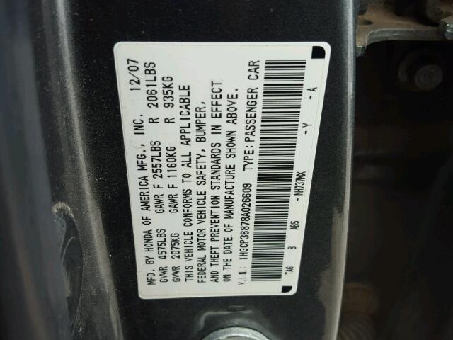 1HGCP36878A026609 - 2008 HONDA ACCORD EXL CHARCOAL photo 10