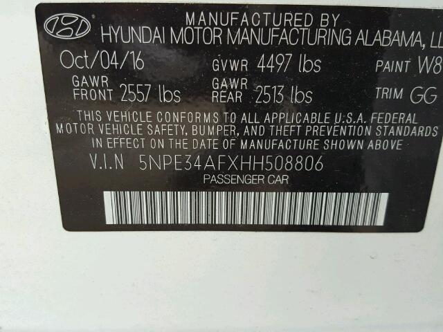 5NPE34AFXHH508806 - 2017 HYUNDAI SONATA WHITE photo 10