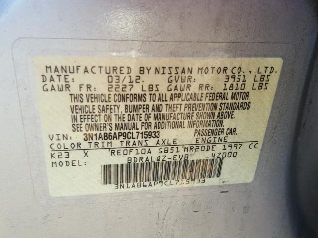 3N1AB6AP9CL715933 - 2012 NISSAN SENTRA 2.0 SILVER photo 10