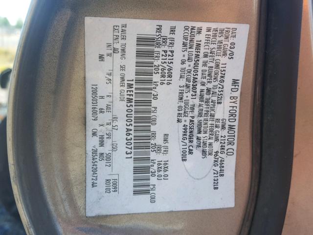 1MEFM50U05A630731 - 2005 MERCURY SABLE GS TAN photo 10