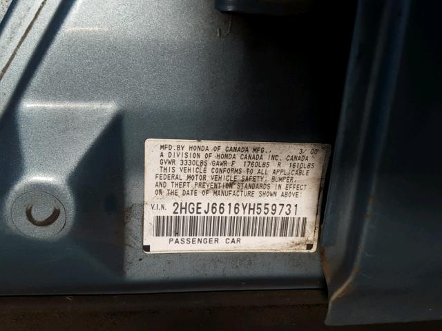 2HGEJ6616YH559731 - 2000 HONDA CIVIC BASE BLUE photo 10