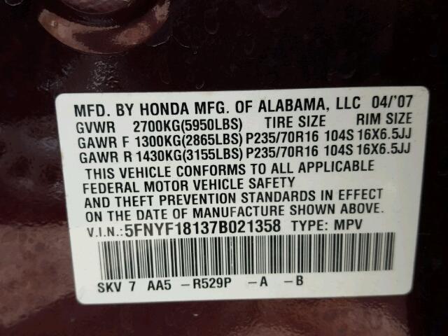 5FNYF18137B021358 - 2007 HONDA PILOT LX BURGUNDY photo 10