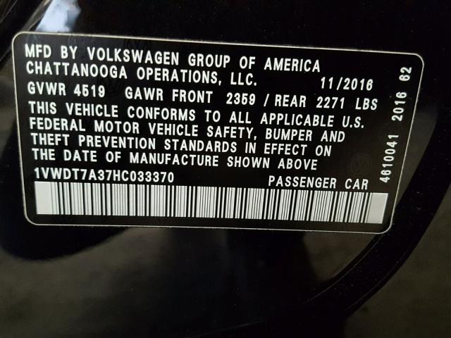 1VWDT7A37HC033370 - 2017 VOLKSWAGEN PASSAT R-L BLACK photo 10