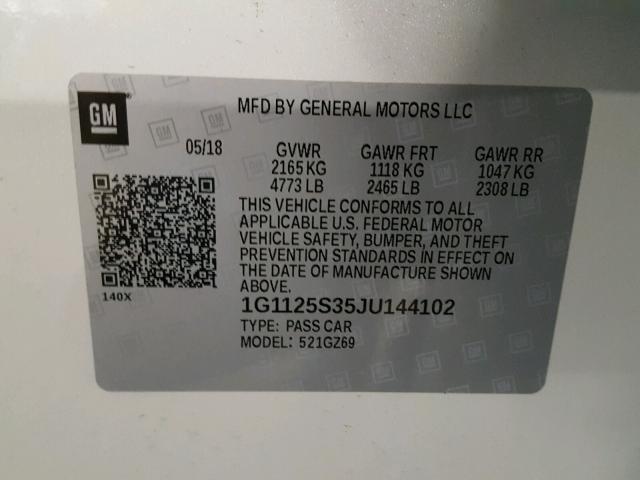 1G1125S35JU144102 - 2018 CHEVROLET IMPALA PRE WHITE photo 10