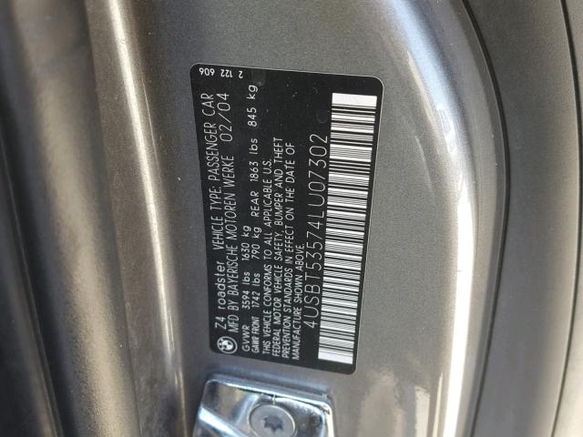 4USBT53574LU07302 - 2004 BMW Z4 3.0 GRAY photo 10