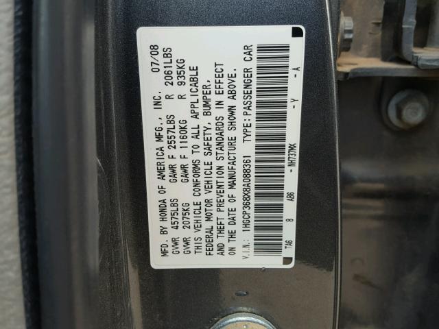 1HGCP368X8A088361 - 2008 HONDA ACCORD EXL GRAY photo 10