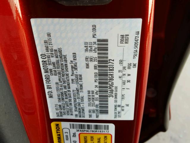 3FA6P0G78GR183172 - 2016 FORD FUSION S RED photo 10