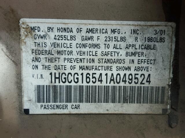 1HGCG16541A049524 - 2001 HONDA ACCORD EX GOLD photo 10