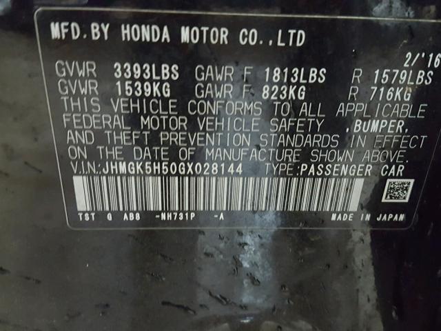 JHMGK5H50GX028144 - 2016 HONDA FIT LX BLACK photo 10