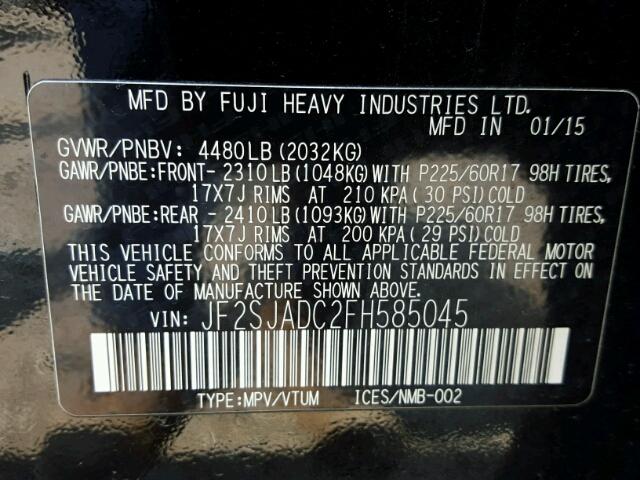 JF2SJADC2FH585045 - 2015 SUBARU FORESTER 2 BLACK photo 10
