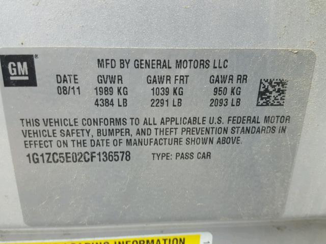 1G1ZC5E02CF136578 - 2012 CHEVROLET MALIBU 1LT 银色 照片 10