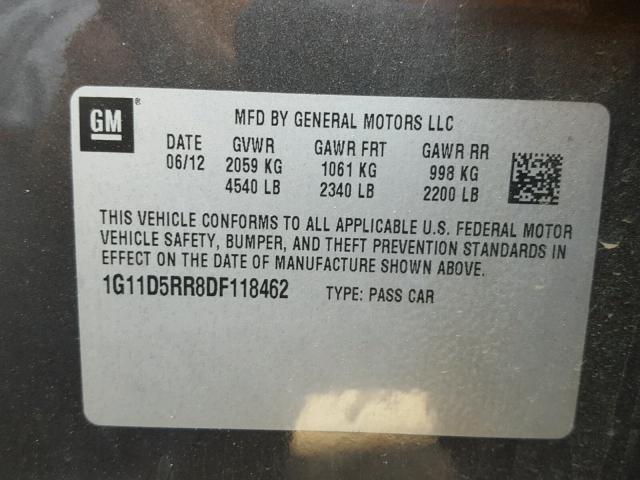 1G11D5RR8DF118462 - 2013 CHEVROLET MALIBU 1LT CHARCOAL photo 10