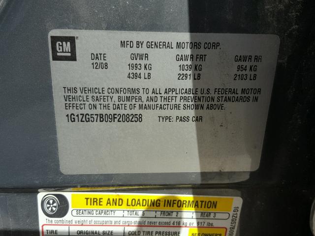 1G1ZG57B09F208258 - 2009 CHEVROLET MALIBU LS 灰色 照片 10