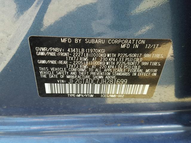 JF2GTADC7JH281699 - 2018 SUBARU CROSSTREK BLUE photo 10