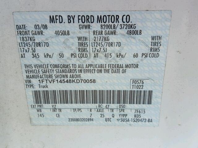 1FTVF14548KD70058 - 2008 FORD F150 WHITE photo 10