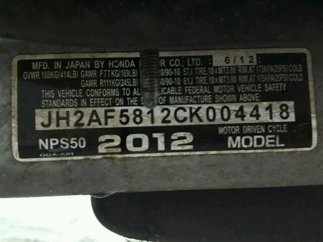 JH2AF5812CK004418 - 2012 HONDA NPS50 BLACK photo 10