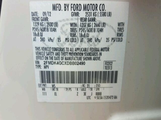 2FMDK4GCXDBB02490 - 2013 FORD EDGE Beyaz fotoğraf 10