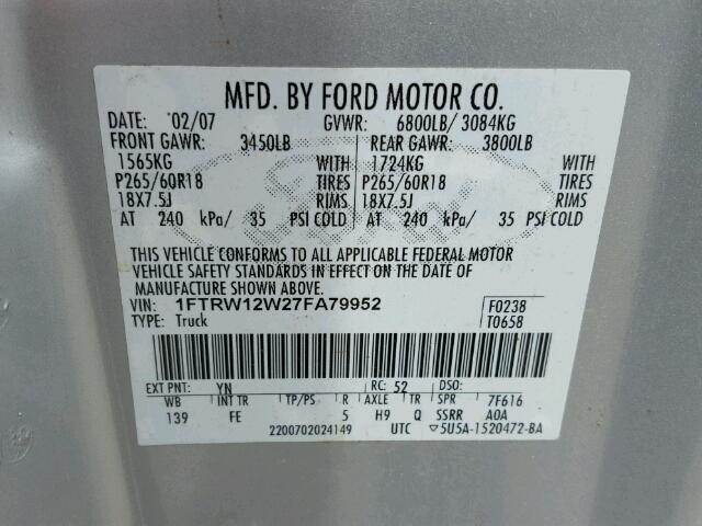 1FTRW12W27FA79952 - 2007 FORD F150 SUPER SILVER photo 10